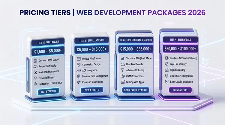 A tiered pricing chart breaking down the true custom WordPress website cost in 2026, from freelancer packages to enterprise agency builds.