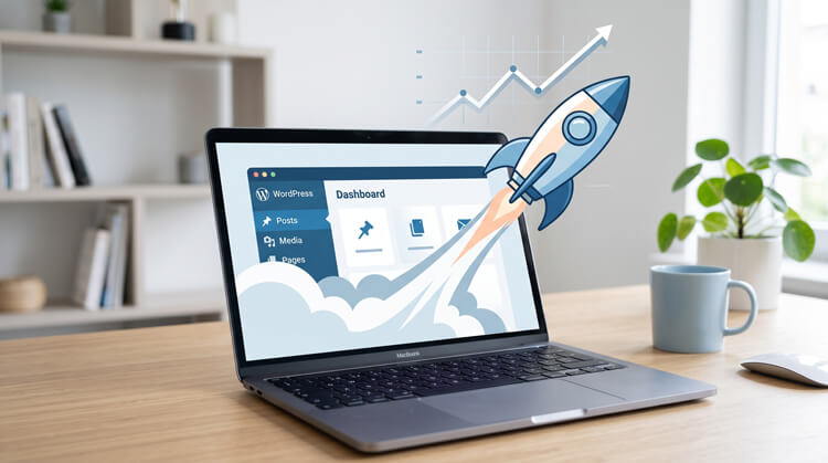 A conceptual illustration of WordPress SEO tips for beginners showing a rocket taking off from a laptop, symbolizing website growth and high search rankings.