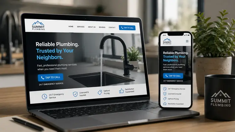 A laptop and mobile phone displaying modern plumbing services website templates with a fast, mobile-friendly design.