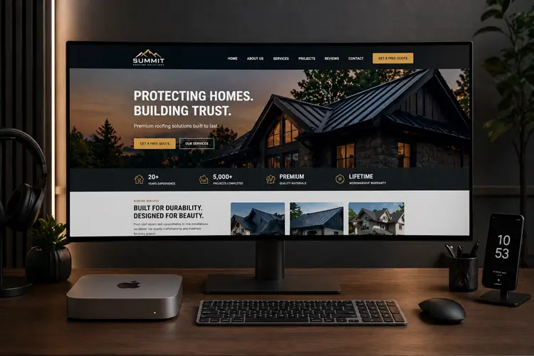 A developer reviewing the best WordPress themes for roofers on a dual-monitor setup.