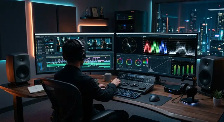 A high-end video editing tips workstation in 2026 showing professional timeline editing software on dual monitors