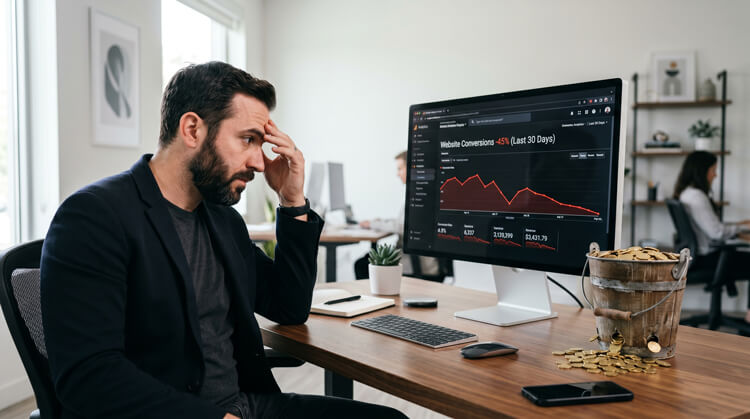 A frustrated business owner looking at dropping analytics and wondering why is my website not converting.
