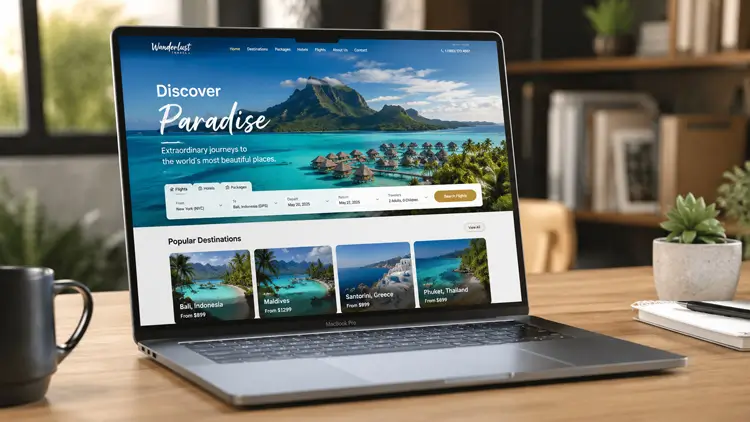 A laptop displaying a modern, fast-loading travel agency WordPress theme for tour operators