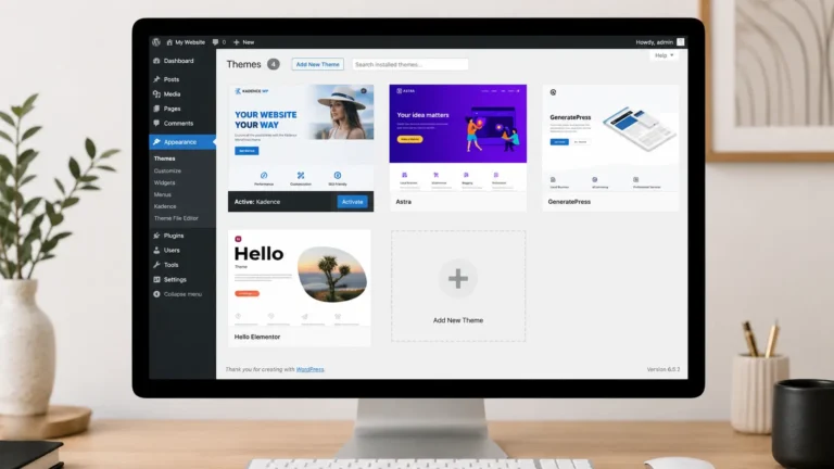 WordPress admin dashboard showing the Kadence themes installation and activation screen